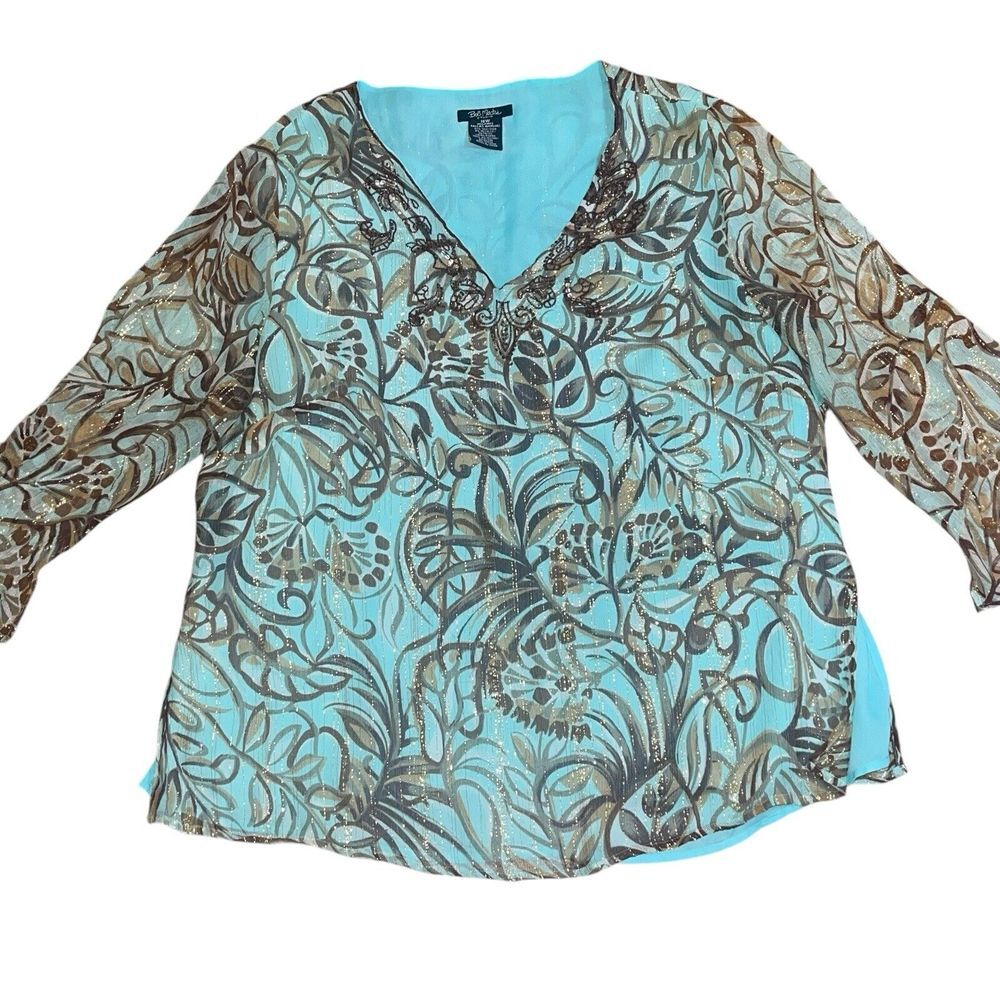 Bob Mackie Wearable Art Metallic Silk Floral Blouse Top Women's Plus Size 16W